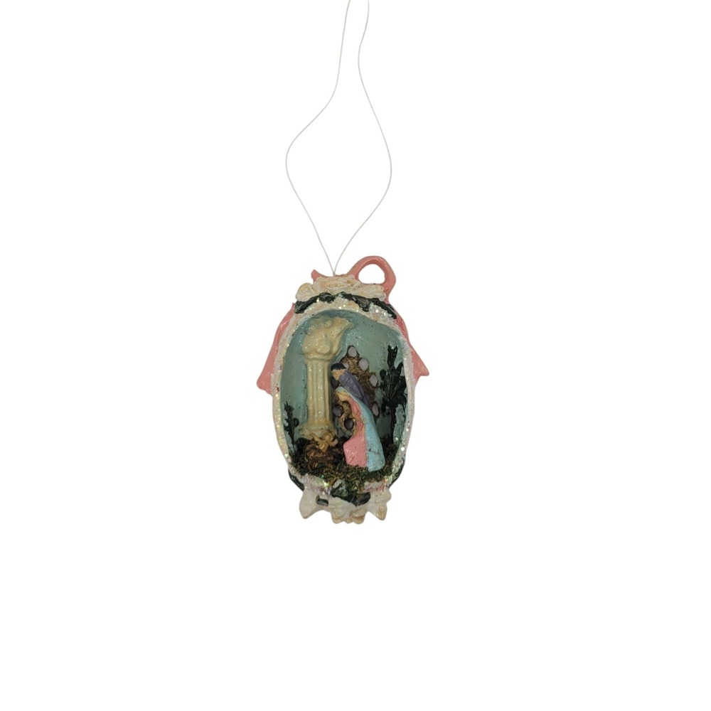 Vintage Sivestri Nativity Diorama Egg Christmas Ornament Pink Ribbon Glitter